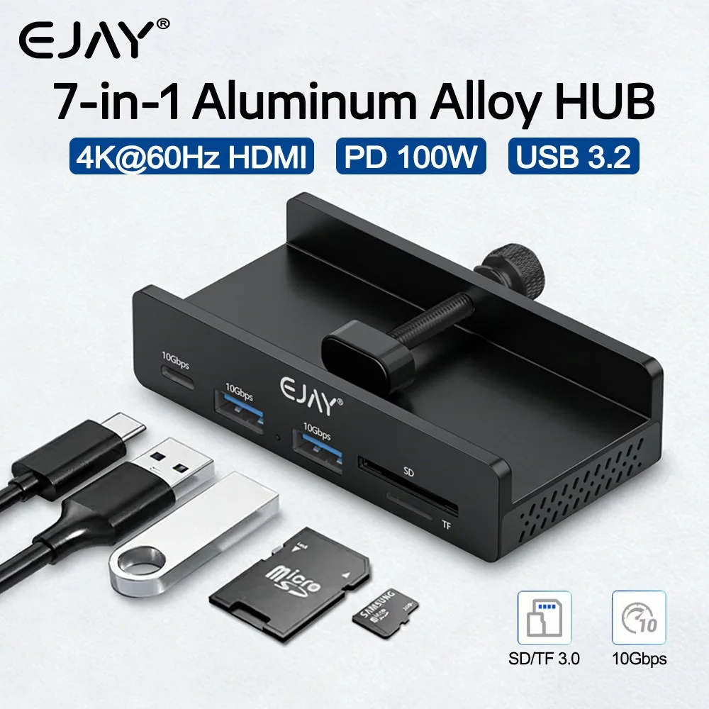EJAY 10Gbps USB3.2 HUB Splitter Adapter Universal External Multi Clip Dock with 4K@60Hz HDMI PD 100W For iMac Macbook Desktop PC