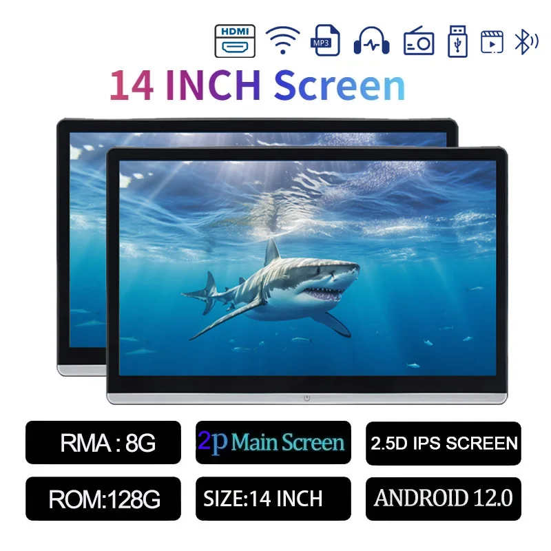 13.3/14 "Auto Hoofdsteun Monitor Display IPS Android 12 2G + 32G/4G + 64G/8G + 128G Touchscreen Voor Auto Achterbank Speler Dual HDMI Muziek
