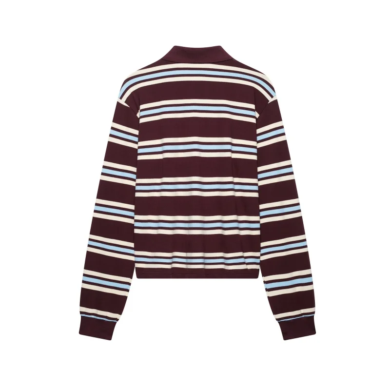 Frauen Vintage Gestreifte Bluse mit POLO Kragen Lange Ärmel Adrette Retro Casual Weibliche Pullover High Street Bluse