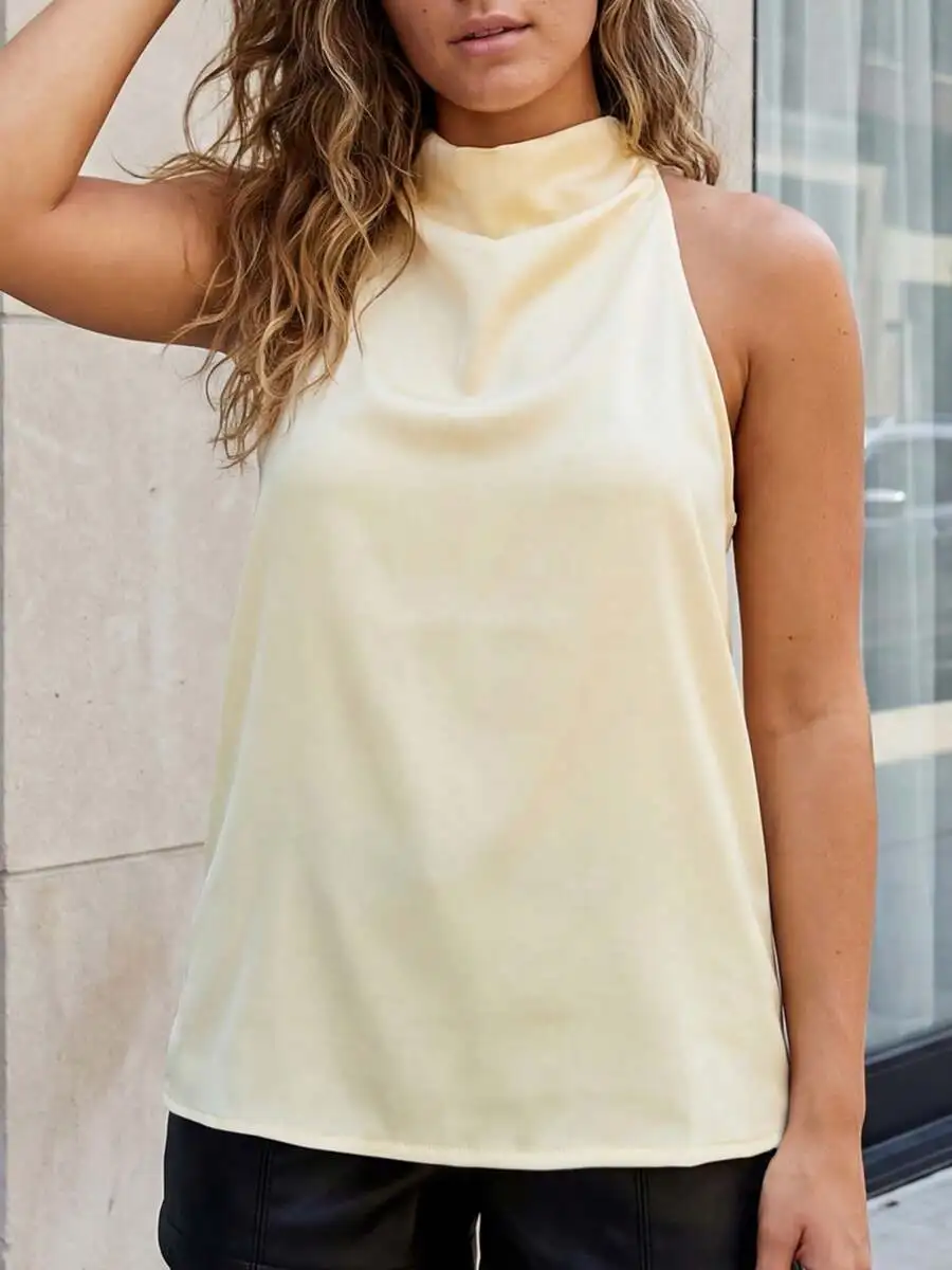 

Women Satin Halter Neck Sleeveless Blouse Cowl Neck Silky Fabric Elegant Minimalist Casual Office Summer