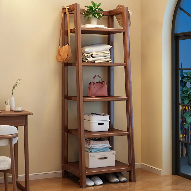 All solid wood coat rack Floor-to-ceiling bedroom household hanger Simple drying rack Bedside storage rack Trapezoidal shelf
