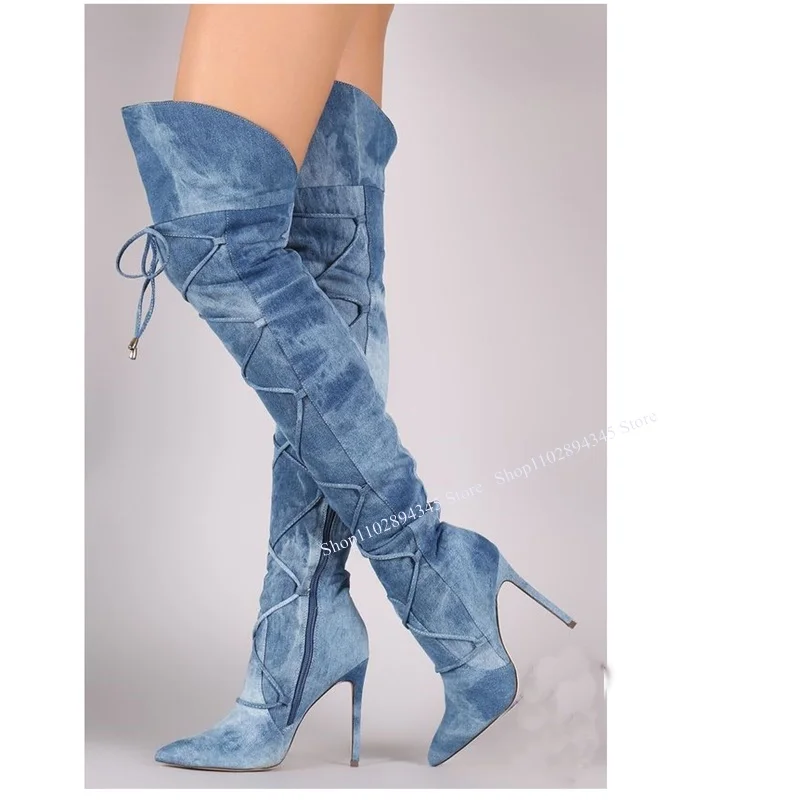 

Blue Over Knee High Lace Up Denim Boots Pointed Toe Thin High Heel Cool Sexy Summer Casual Big Size Woman Shoes Zapatillas Mujer