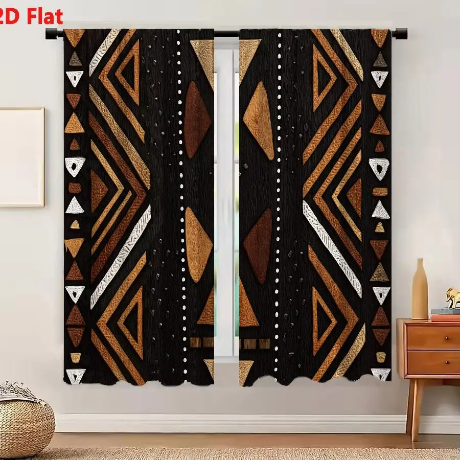 2Pcs Curtains 2D Flat Geometric Tribal Pattern With Triangles And Diamonds In Earthy Tones On Dark Wood Background Window Drapes