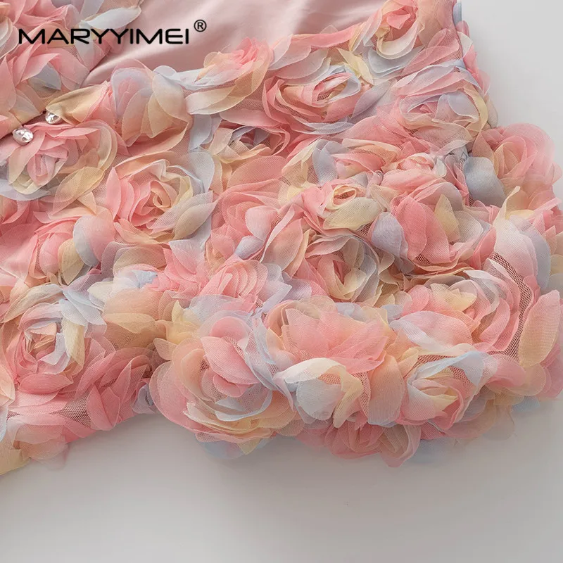 MARYYIMEI New Fashion Runway Designer Women's Clothing V-Neck Short-Sleeved Single-Breasted Colorful Gauze Tray Flower Dress