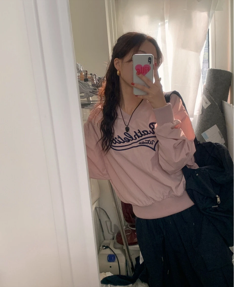 Pink Embroidered Letter Nylon Sweatshirt V-Neck Overhead Trendy Women's Clothing Spring Autumn New Style Commute Style Loose Fit