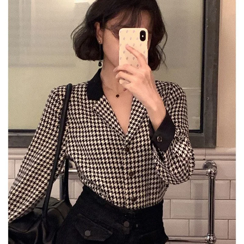 

Hong Kong Style Retro Chiffon Houndstooth Pure Desire Style Shirt Women's Long Sleeve Autumn Clothes Outerwear French Minority C