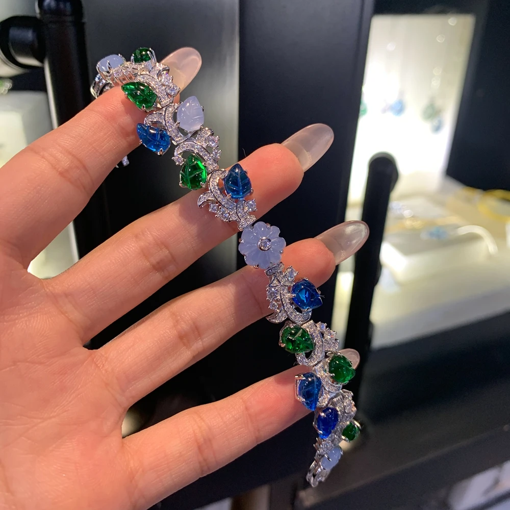 

KQDANCE Новые синтетические драгоценные камни с гравировкой в форме тыквенного листа, браслеты в стиле фруктов, серебро 925, светло-голубой камень, ювелирные изделия для женщин