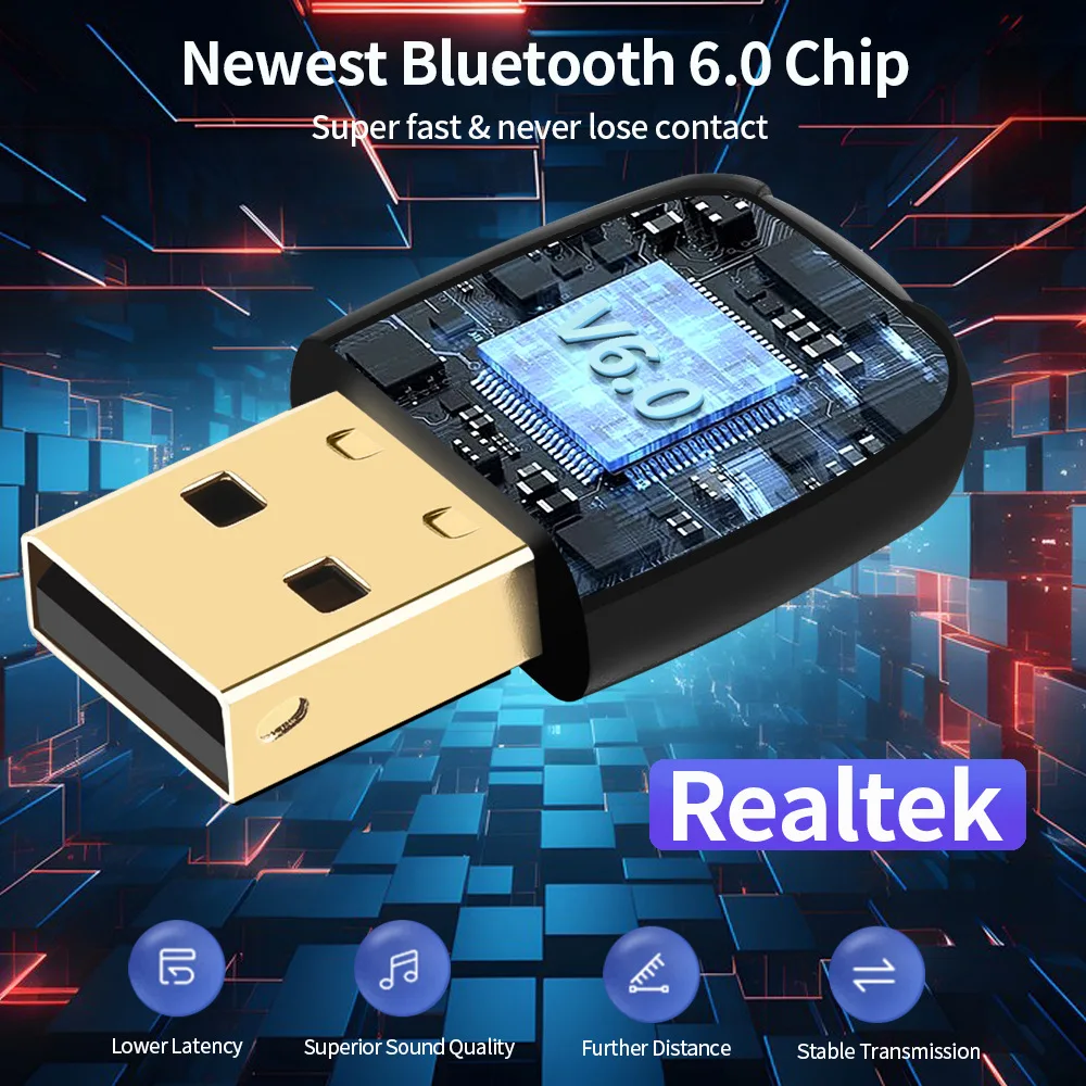 Bluetooth 6.0 USB Dongle Adapter Low Latency Long Range Wireless Transmitter Receiver For PC Windows 11/10/8.1 For Multi Devices