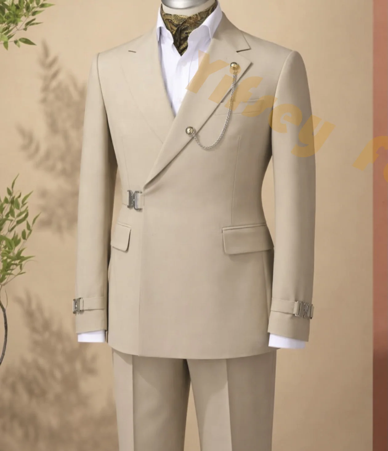 Champagne Metal Buckle Design Man Suit Elegant Set Luxury Clothing Designer Boyfriend Slim Male Blazer Wedding Ceremony Dress