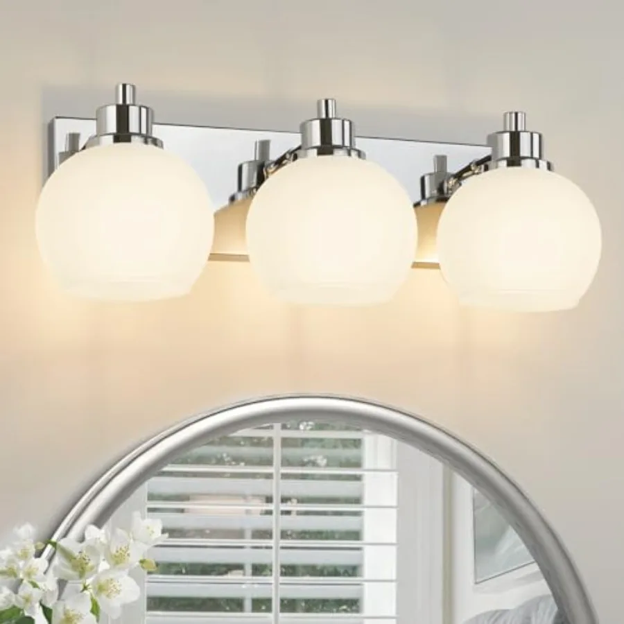 

Chrome Vanity Light - 3 Light Bathroom Vanity Light with Milk Glass Shade Over Mirror Lighting Fixture