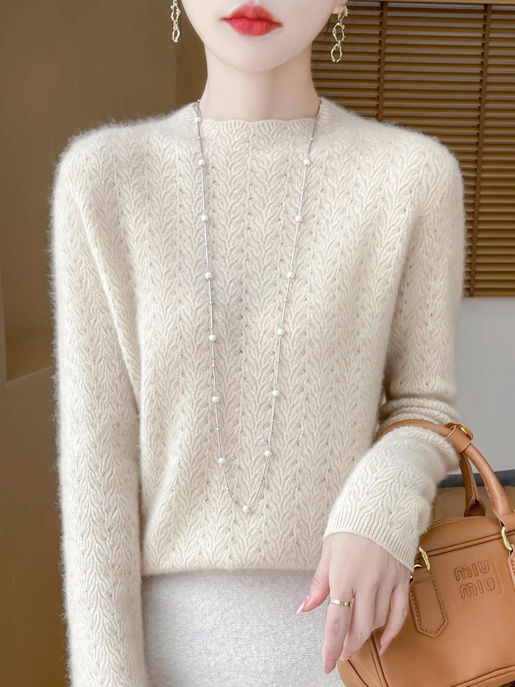 

TLOML Women's 100% Merino Wool Knitwear Mock Neck Hollow-out Solid Pullover Spring Autumn Sweater Basic Soft Bottoms Female Tops