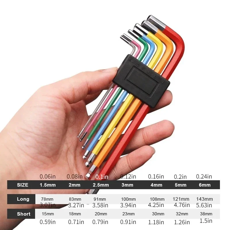 7PCS Bike Hex Tool MTB Road Bike Repair Tool Kit Bicycle Colorful Hexagon Spanner Flat Ball Opening Wrench 1.5/2/2.5/3/4/5/6mm