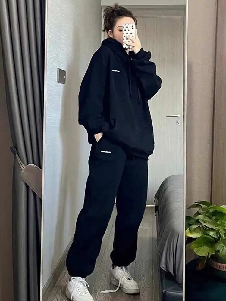 

Комплект спортивной одежды больших размеров: худи и брюки для женщин, повседневный костюм из двух предметов, одежда больших размеров, скрывающая недостатки фигуры, с эффектом похудения