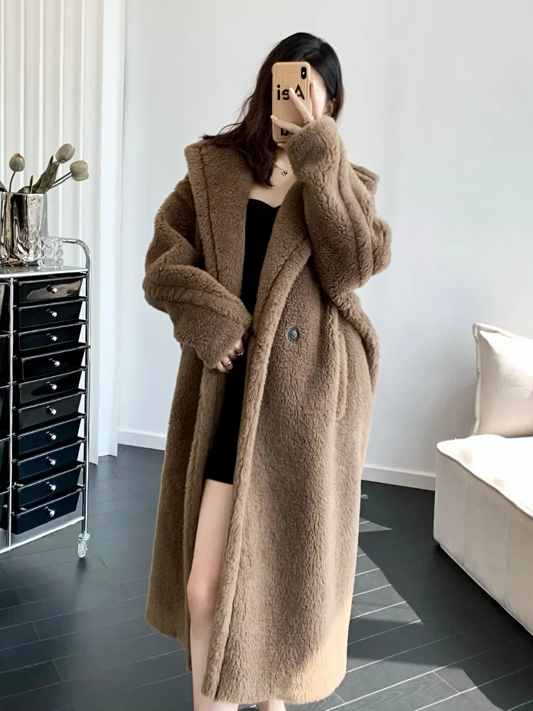 Women Teddy Alpaca Mid-length Fur Coat Silhouette Luxury Loose Turn-down Collar Thick Wool Jacket Fashion Coat Plus Size Winter