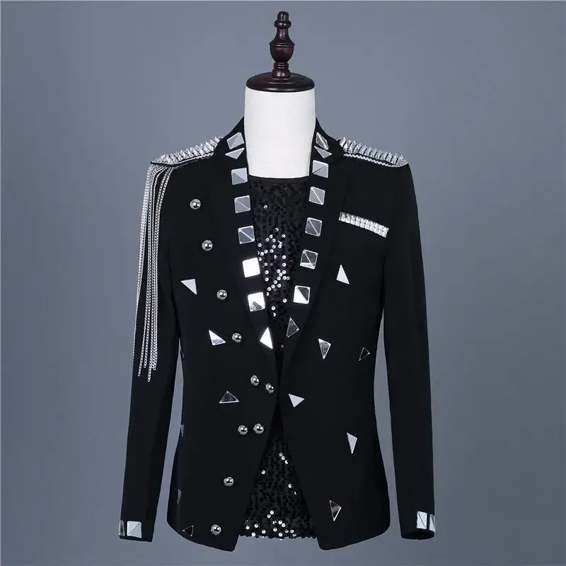 Men Mirror Chain Tassel Blazer Jacket Male Clothes White Black Coat Singer Host Bar Nightclub Performance Stage Costume