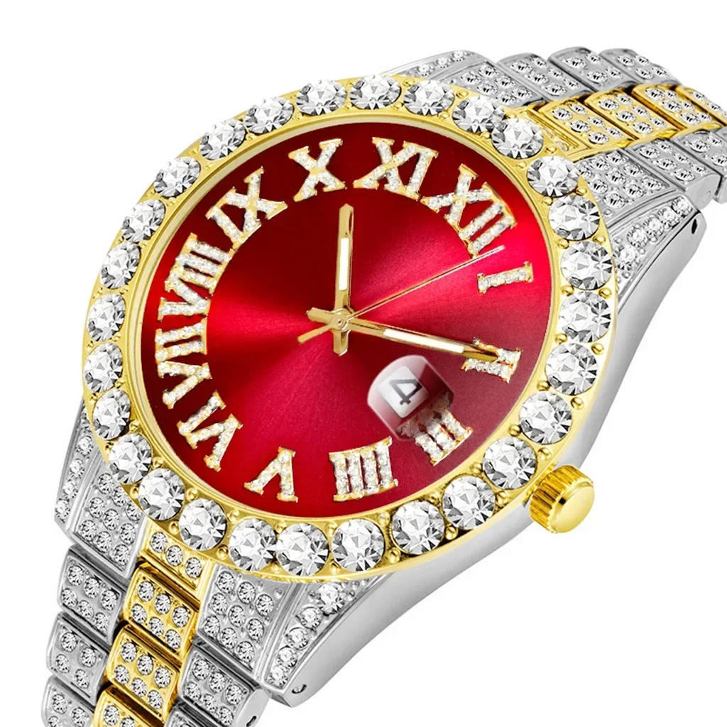 

Full Iced Out Watch for Men Blue Red Green Dail Hip Hop Mens Watch Fashion Cool Bling Diamond Luxury Mens Watches Clock Relogio