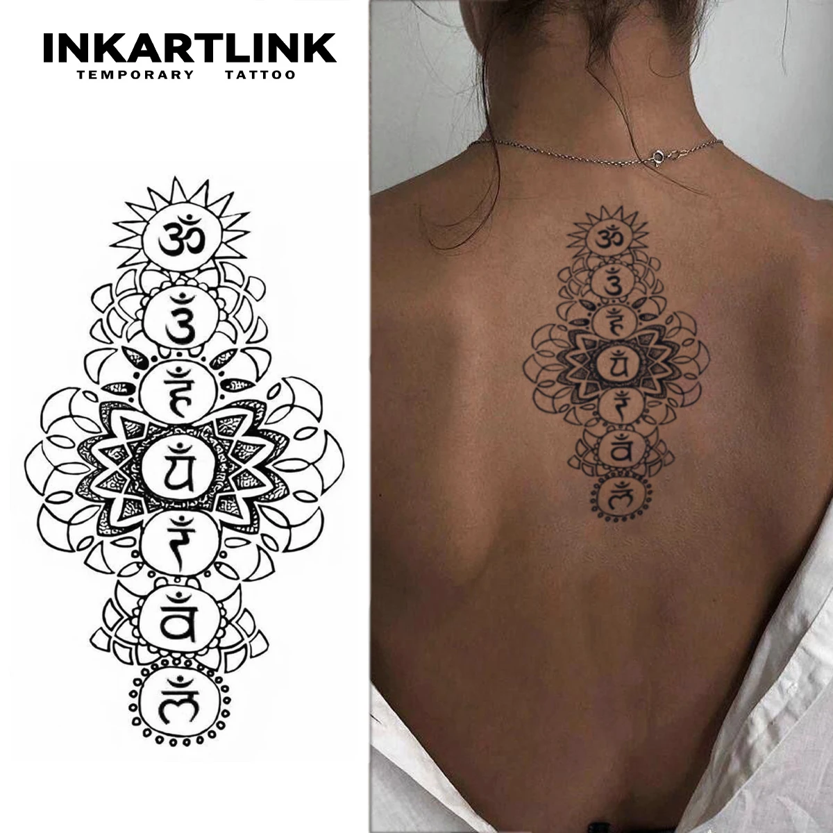 INKARTLINK Herbal Chakra Lotus Mandala Back Tattoo Sticker for Yoga Practice, Meditation Retreats & Daily Wellness.