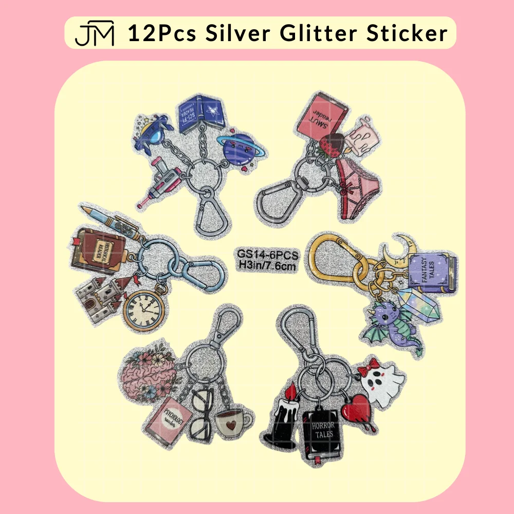 6pcs Romance Mystery Bookish Keychain Gold Silver Glitter UV DTF Stickers Sparkling Decal For Cup Mug Notebook Paper DIY Craft