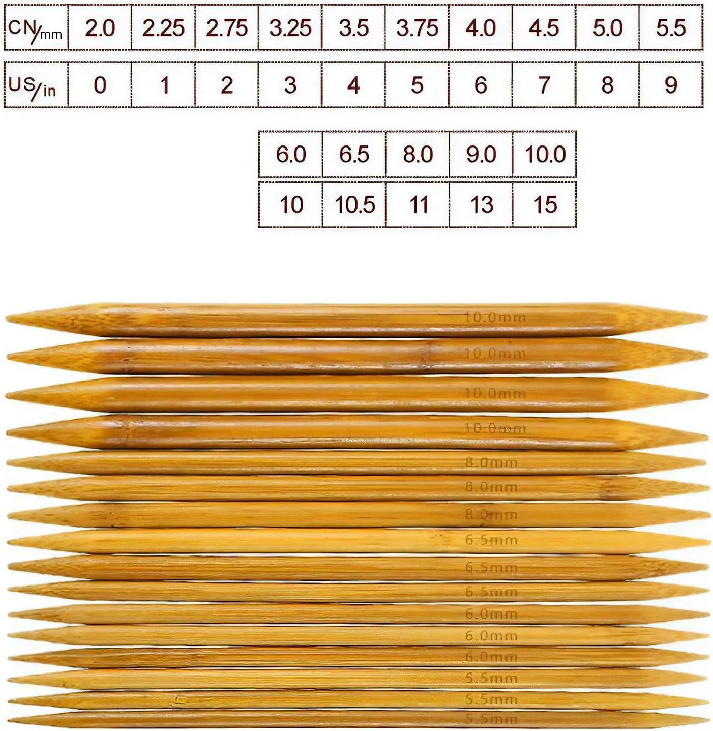 Double Pointed 75 Pcs Bamboo Knitting Needles Set (15 Sizes from 2.0mm-10.0mm) (8 Inches Length)+4Pcs Needles Point Protectors