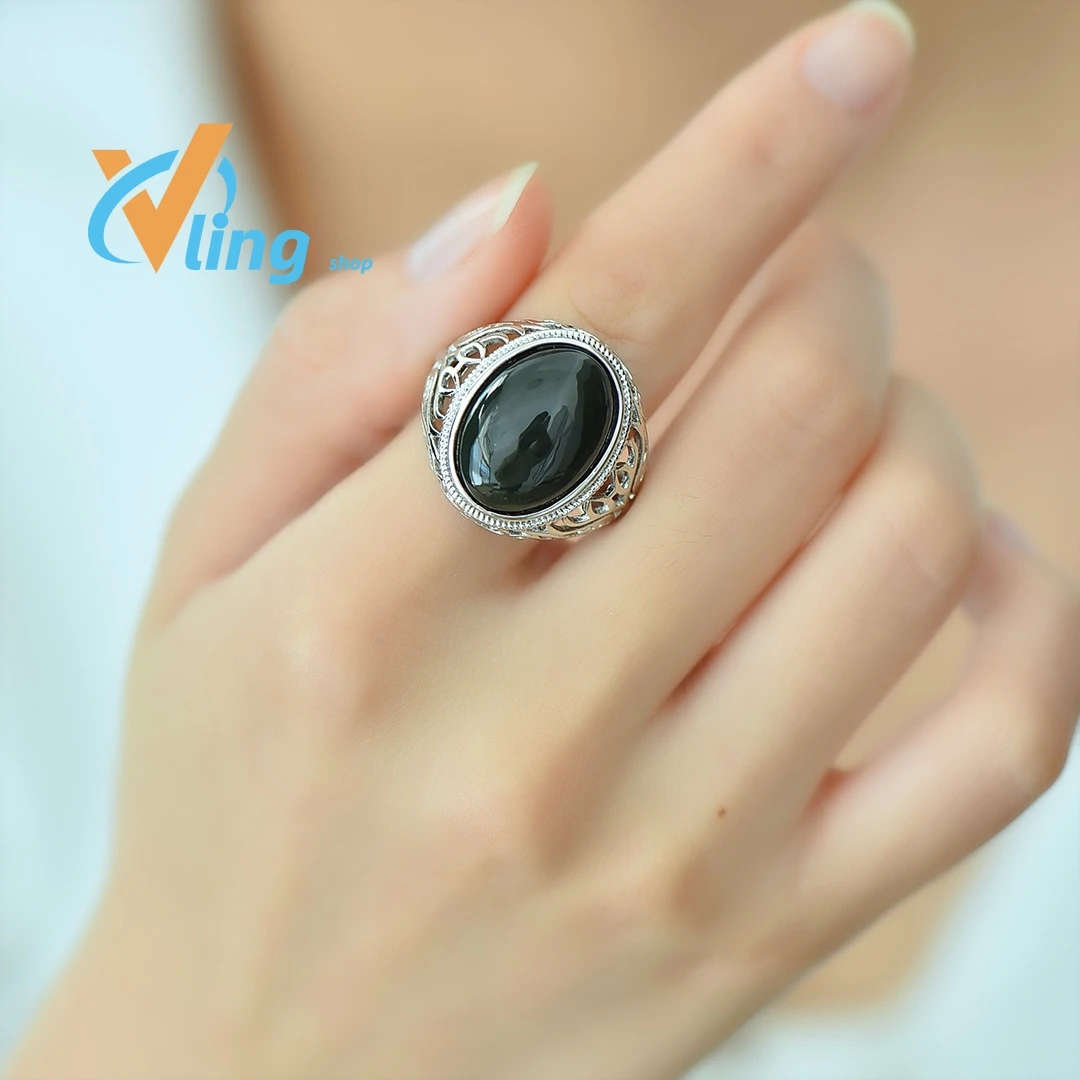 New fashion jewelry women's copper inlaid Hotan Jade sapphire egg surface luxury ring gift black agate retro opening adjustable