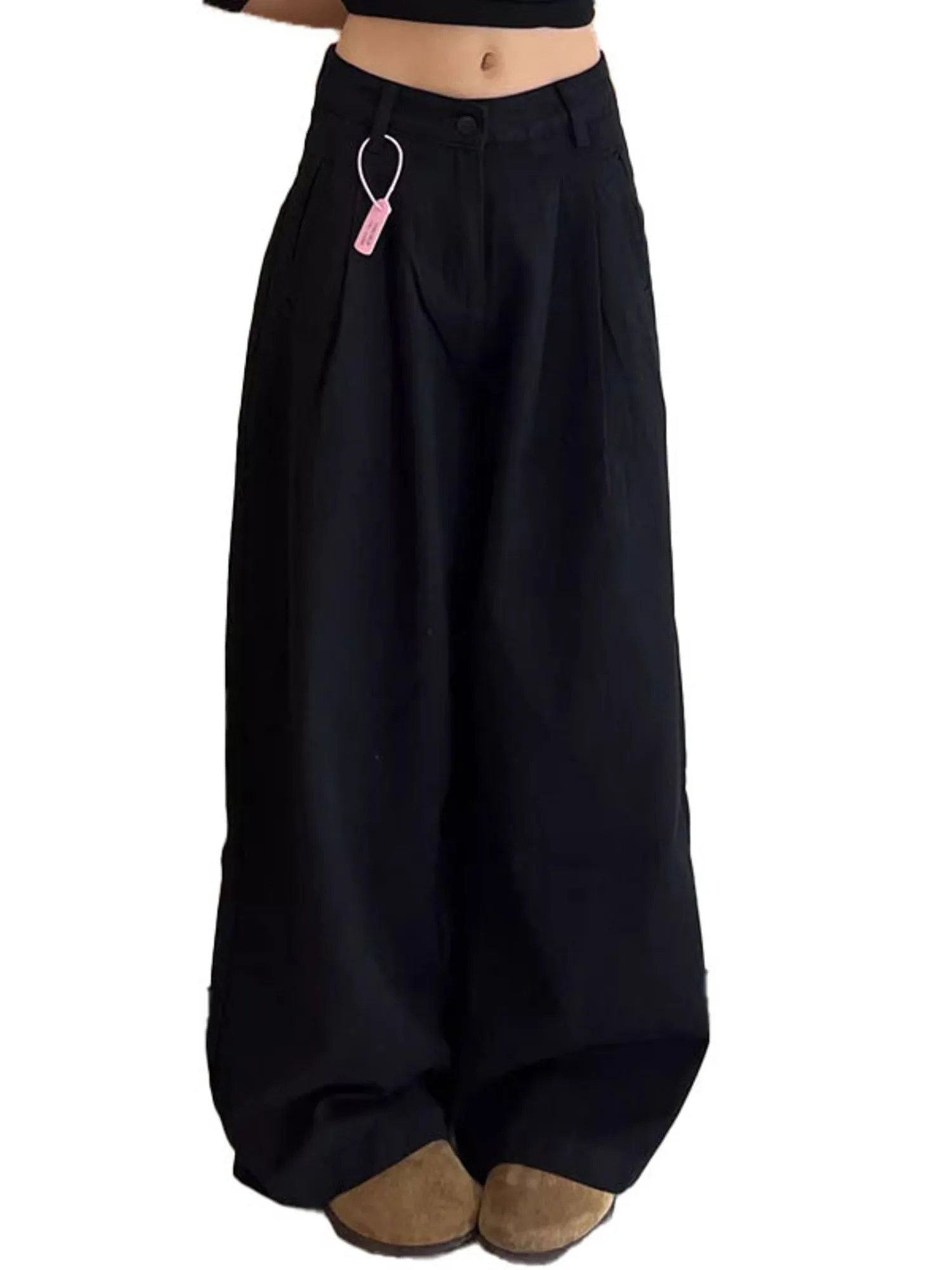 

Women High Waist Wide Leg Pants Black White Casual Loose Fit Utility Cargo Trousers Pleated Long Pants with Pockets