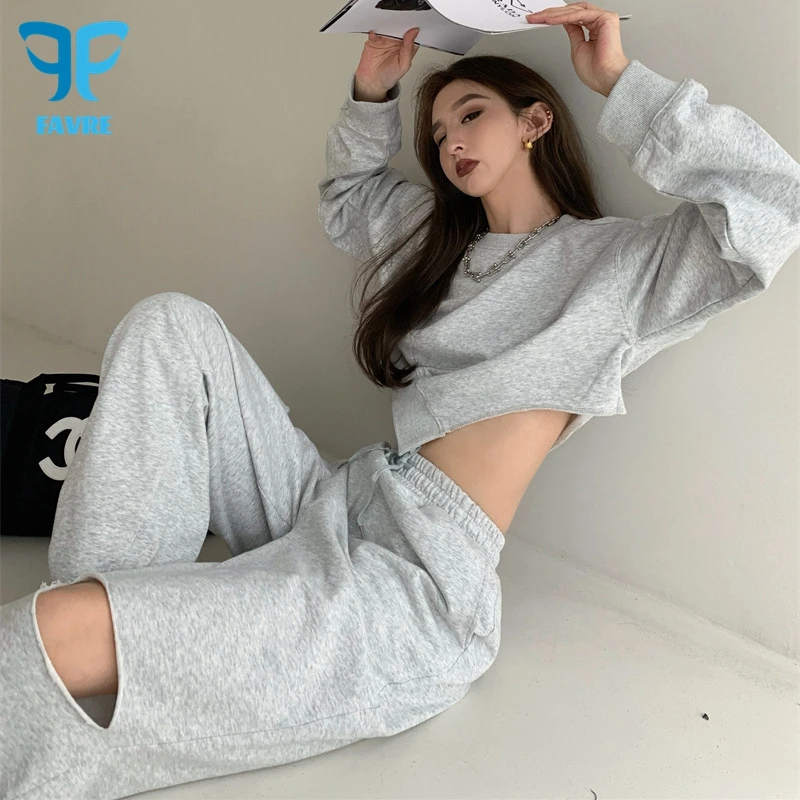 

FAVRE Niche Irregular Sweatshirts Women Solid Crewneck Crop Hoodies Spring Autumn Y2K Pullovers Casual Loose Ripped Sweatpants