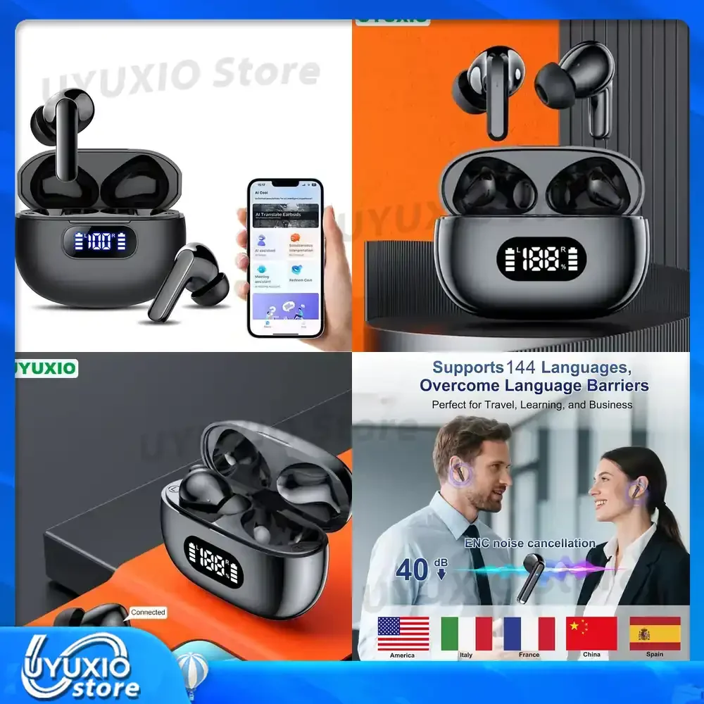 UYUXO New AI Language Translation Earbuds Real Time TWS Headphones Translator 144 Languages & Accents for Business Travel