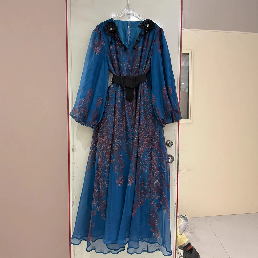 

Шифоновое платье миди больших размеров с 3D цветочным принтом и винтажным принтом с поясом, повседневная свободная женская одежда