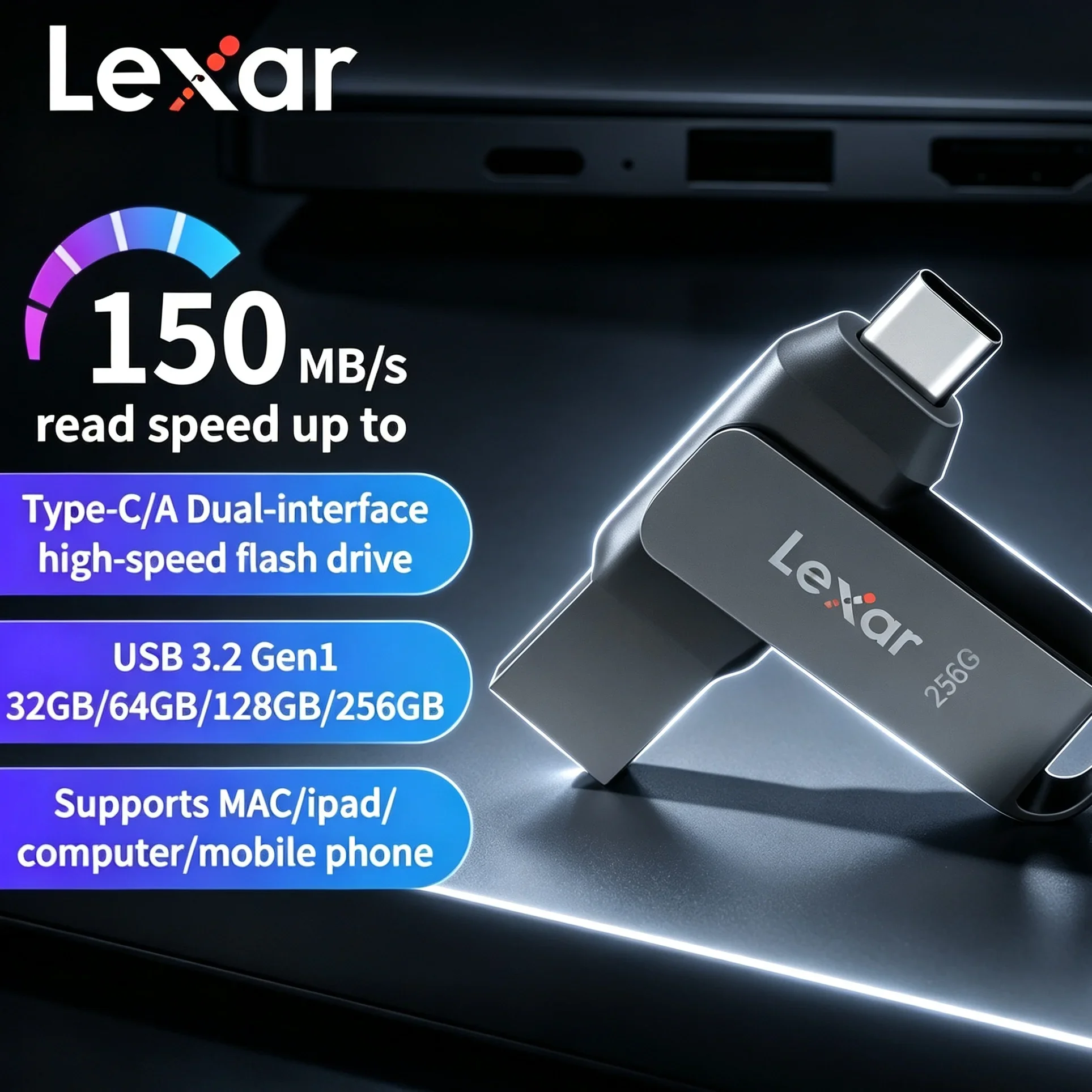 Lexar D400 USB 3.1 Type-C Flash Drive 130MB/s Metal Dual Port OTG USB Stick Office School File Drive 32GB 64GB 128GB 256GB