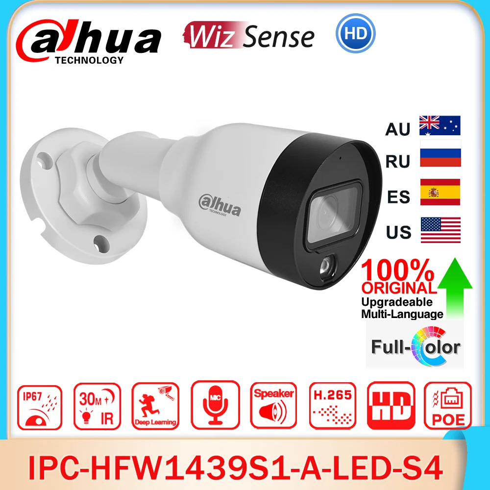 Dahua-câmera IPC-HFW1439S1-A-LED-S4 4MP Entry Full-color Fixed-focal Bullet POE Network Camera Bulit-in MIC Motion Detection