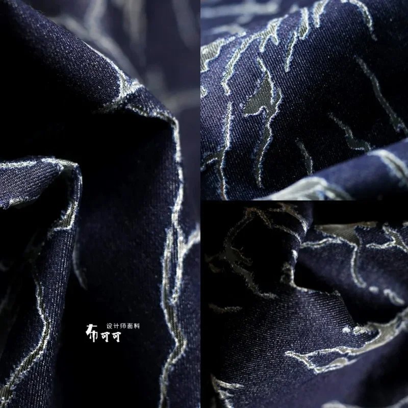 Tibetan Blue Laser Burned Denim Fabric Reconstruction with Hard Hollow Cracked Yarn Bottom Transparent Creative Clothing Fabric