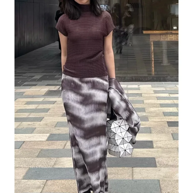 Miyake novo cardigan feminino jaqueta superior plissado estiramento cintura elástica meia saia moda temperamento fino commuter terno