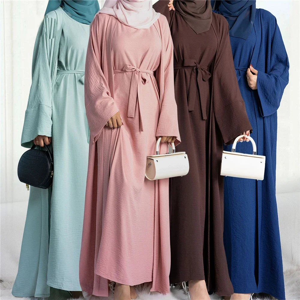 

2 Piece Abaya Slip Sleeveless Hijab Dress Matching Muslim Sets Plain Open Abayas for Women Dubai Turkey African Islamic Clothing