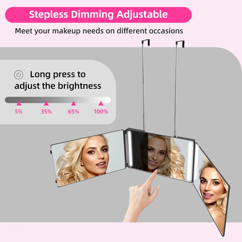 Professional Smart Haircut Mirror, 3-Sided Foldable with Touch Control & Dimmable LED, Portable Self Hair Styling Kit​​