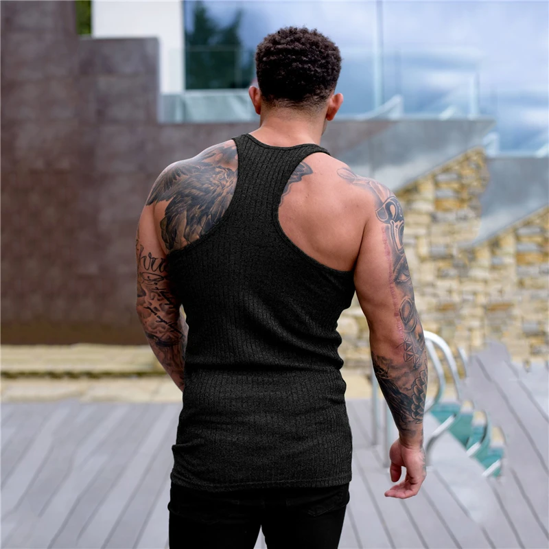 Pit Stripes Knitted Y Back Fitness Tank Tops Mens Bodybuilding Stringer Singlets Slim Fit Muscle Sleeveless Shirt Gym Clothing