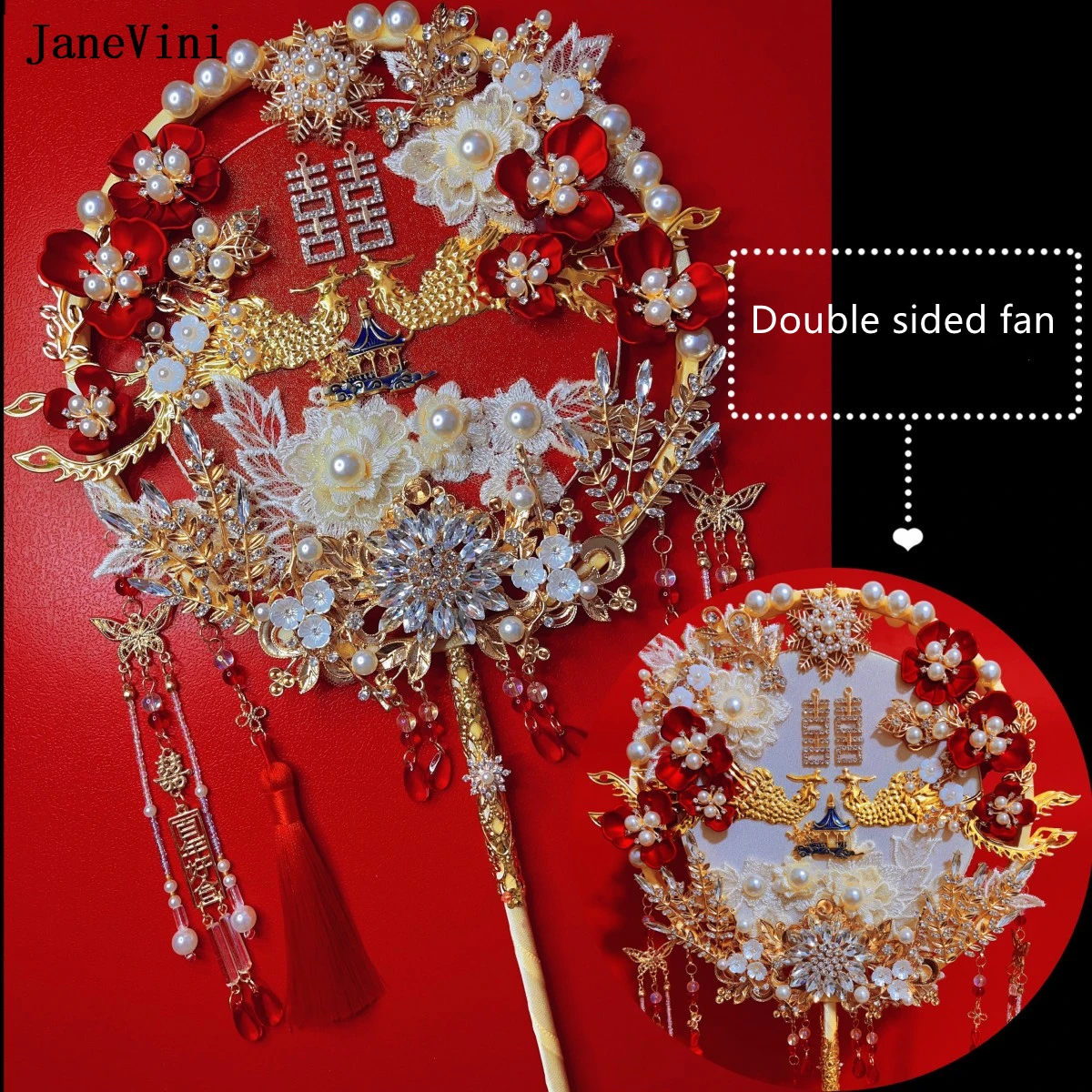 Janevini Luxus chinesische rote Braut sträuße Fan handgemachte Blumen Kristall perlen doppelseitigen Fan langen Griff Hochzeit Accessoires