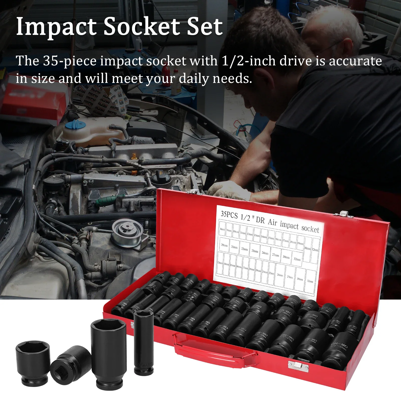 35PCS 1/2inch Drive Metric Impact Socket Set Metric Drive Deep Socket Wrench For Air Pneumatic Repair Tools 12.5mm Dropshipping