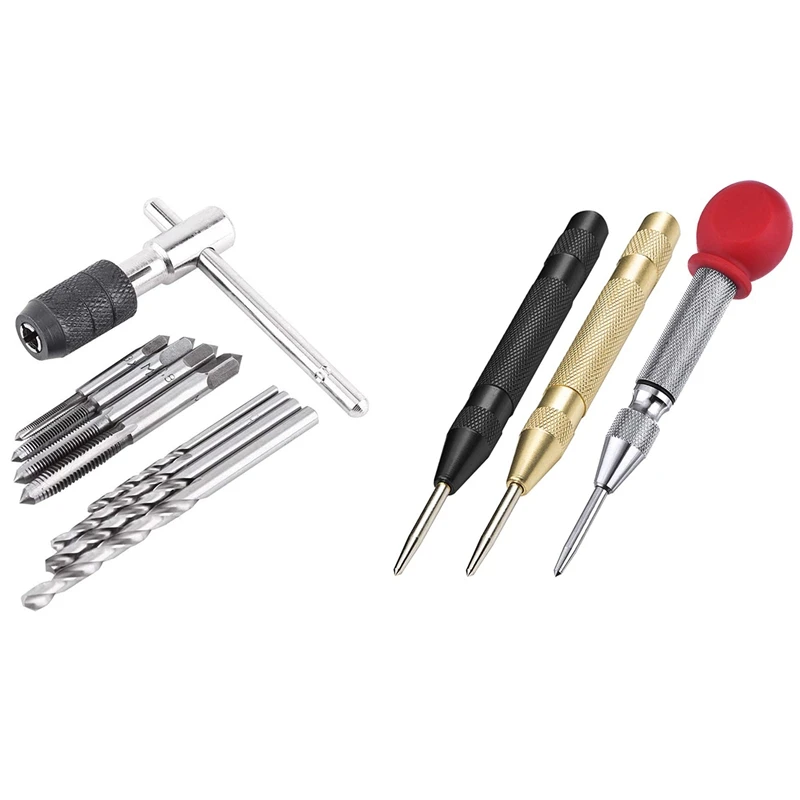 1 Set Automatic Center Punch Tool,Crushing Hand Tool & 1 Set T-Handle Ratchet Tap Holder Wrench Tool Set