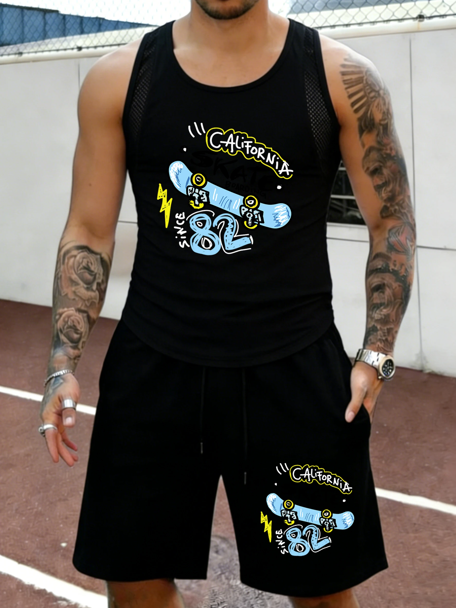 

California Skate Boarding Number Since 82 Pattern Mens Summer Comfy Mesh Vest Sets Daily Drawstring Shorts Retro Casual Tank Top