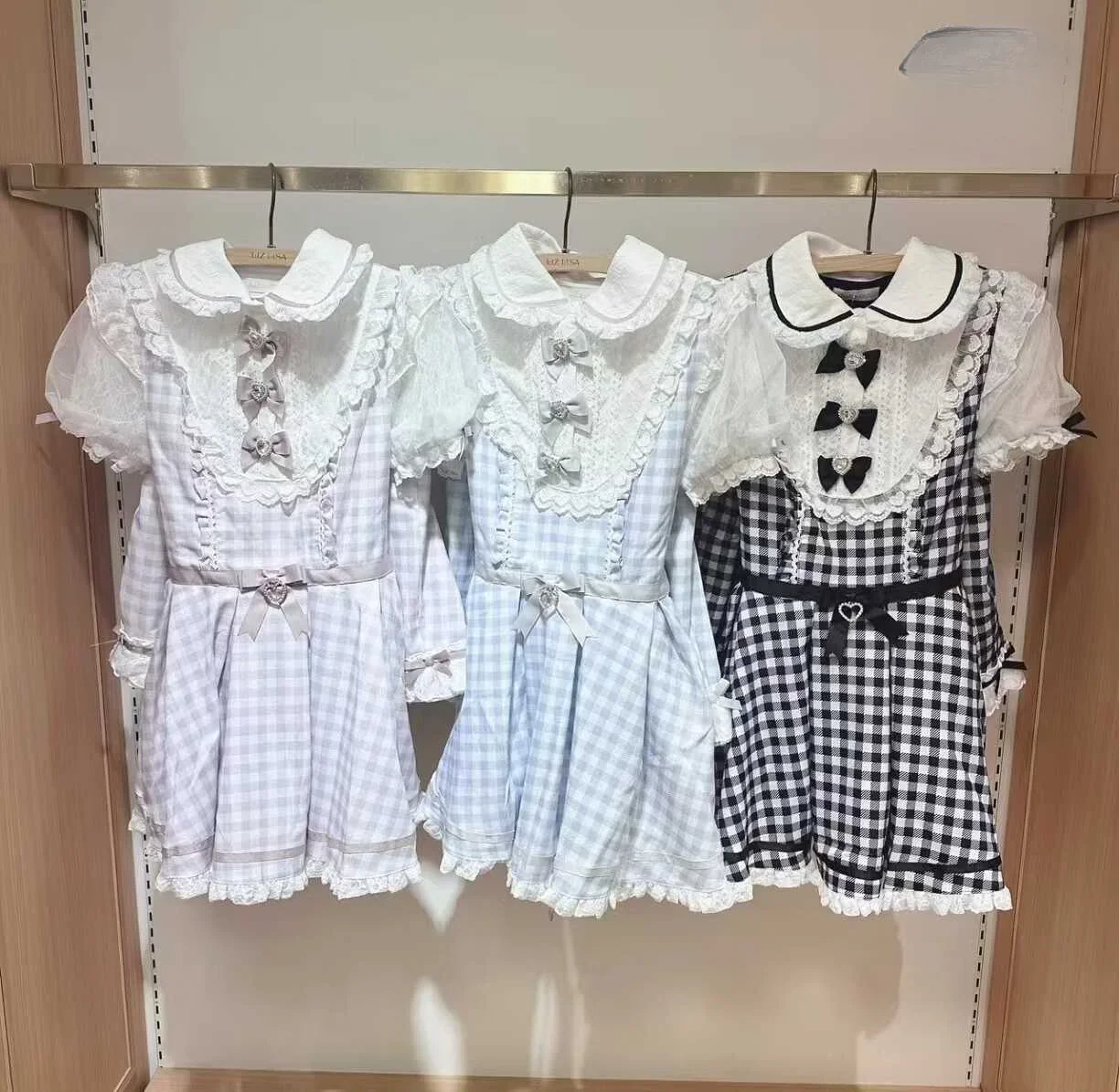 Japanese Mine Sweet Girl Doll Collar Bow Short Sleeve Plaid Dress Shorts Set Lolita Women Slim Dress 2 Piece Set Female Outfits