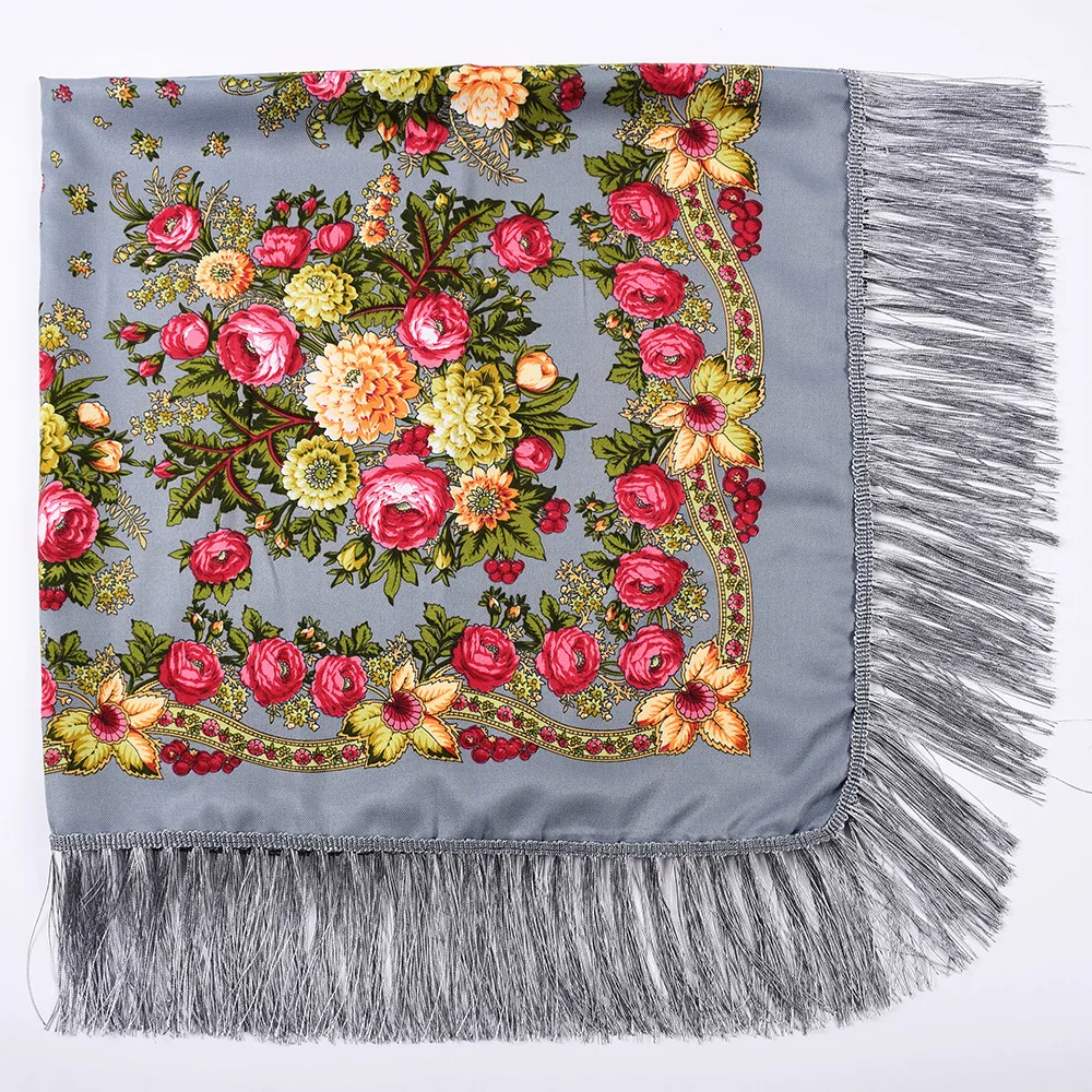 Scarf Handkerchief Floral Russian Scarf Luxury Flower Small Ethnic Shawl Women Hijab Acrylic Scarf Printed 110CM Headband Shawls