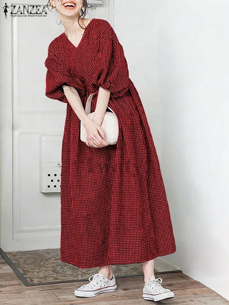 2025 elegante vestido de manga acampanada con cuello en V ZANZEA vestido veraniego elegante para mujer Vestidos largos a cuadros vestido largo Vestidos de trabajo informales