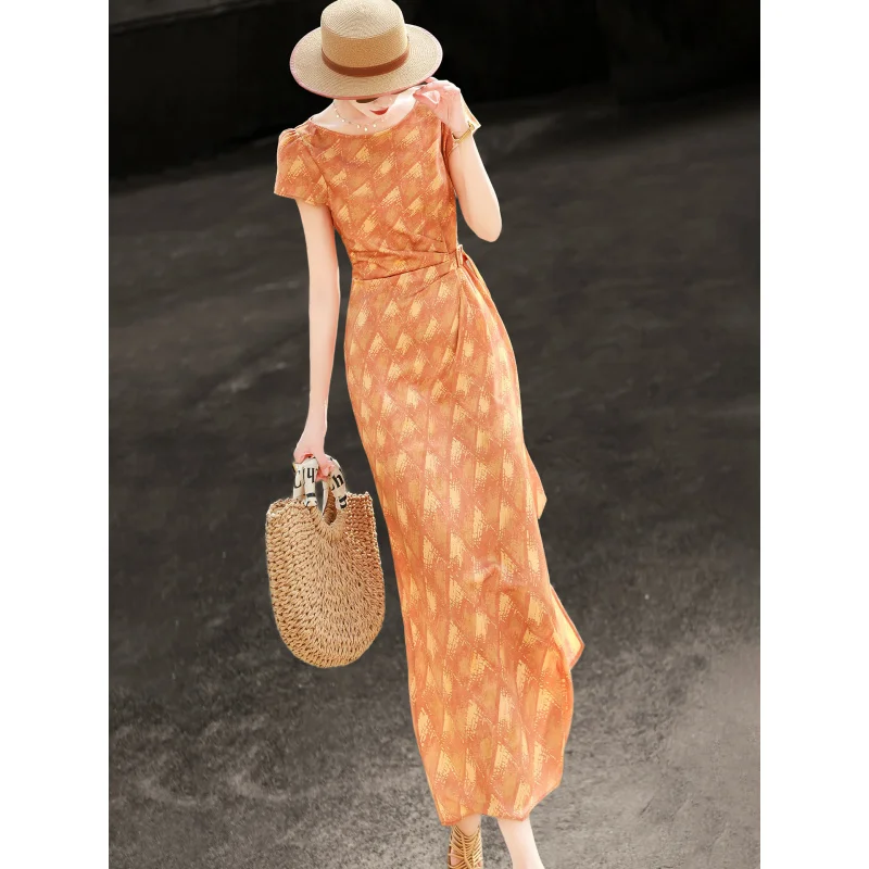 

MEXCOCO 2026 Summer French Elegant Boat Neck Puff Sleeve Diamond Print Wrap Twist Tie Ruched Waist Split Maxi Resort Dress