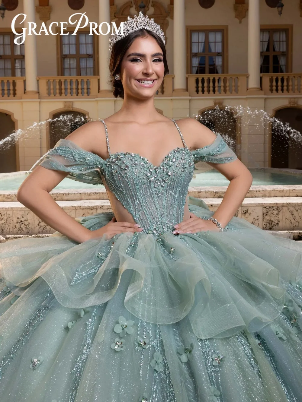 Eleganckie błękitne suknie balowe z aplikacjami, sukienki Quinceanera dla dziewcząt, z odkrytymi ramionami, z kwiatowymi aplikacjami 3D, gorsetowe, sznurowane Vestidos De Quince