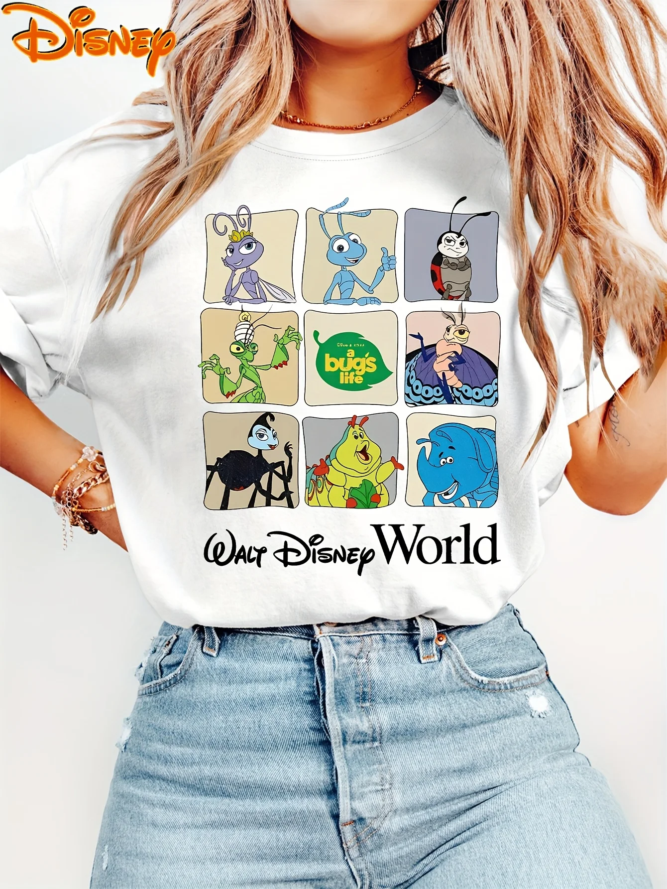 

2025 Disney Pattern Printed Women's Casual Comfortable Unique Smiling Face Black Round Neck Short Sleeve T-shirt