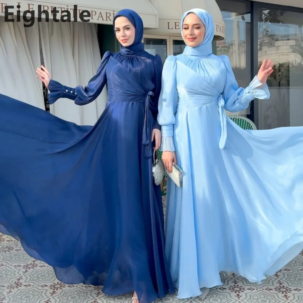 

Eightale 2025 A Line Muslim Silk Satin Long Puff Sleeve O Neck Evening Dress Saudi Arabic Prom Dress Dubai Party Gown Customized