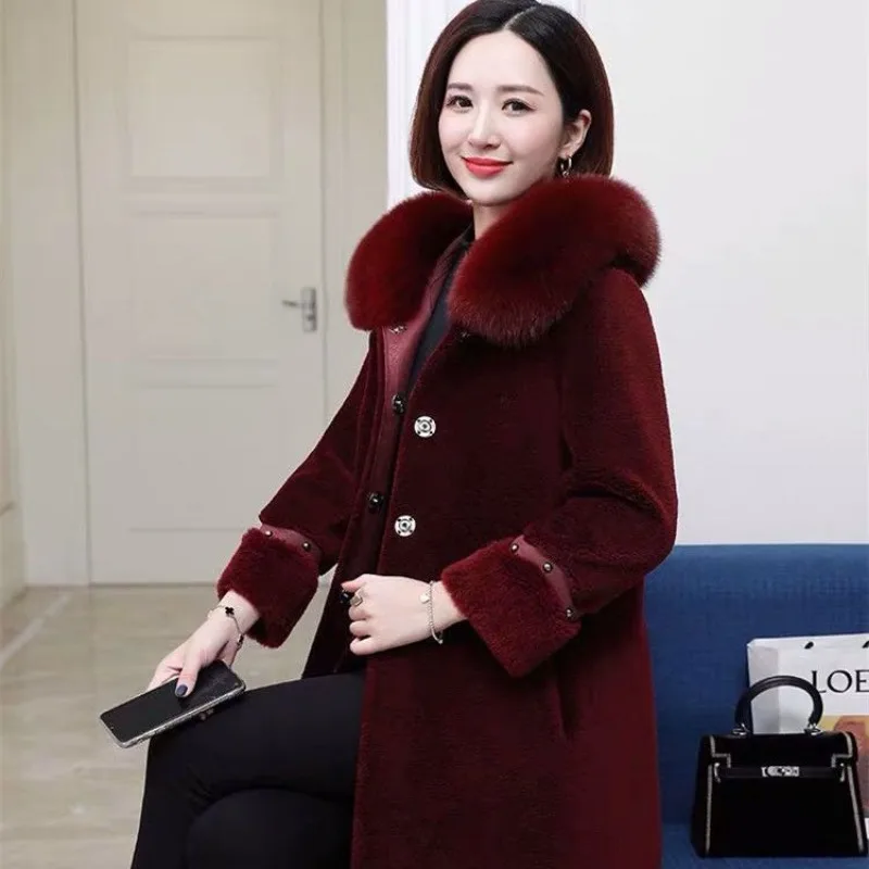 2023 Winter New Women Grain Cashmere Fur Coat Slim Large Size Long Parkas Thicken Warm Fashion Hooded Outwear Casual Mom Outfit