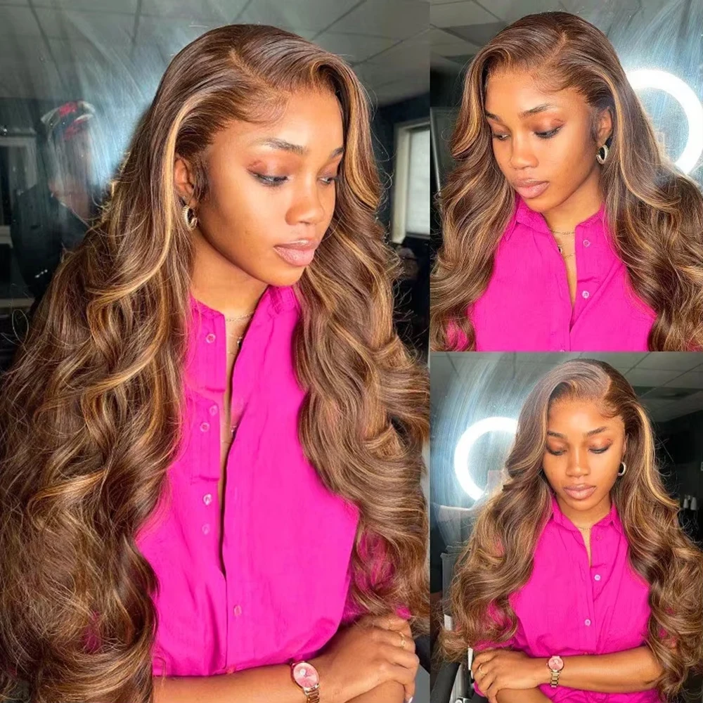 Body Wave Highlight Honey Brown 13x4 13x6 HD Lace Front Human Hair Wigs Human Hair 18 36 inch 4/27 Lace Frontal Wigs