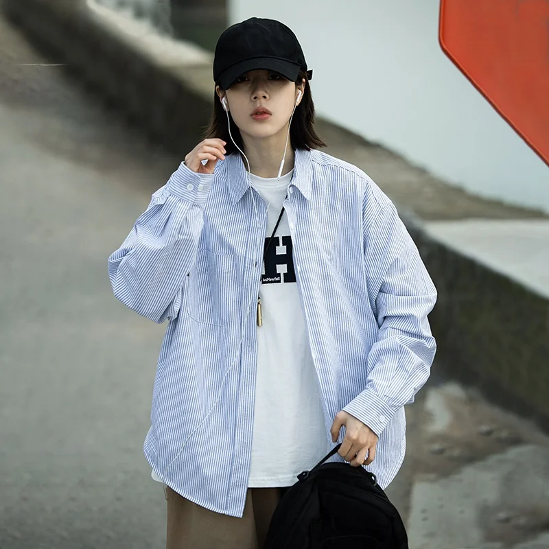 

Classic Blue Stripes Long Sve irt ex Spring Loose Casual Outerwear Trendy y Sle Youthful ulari