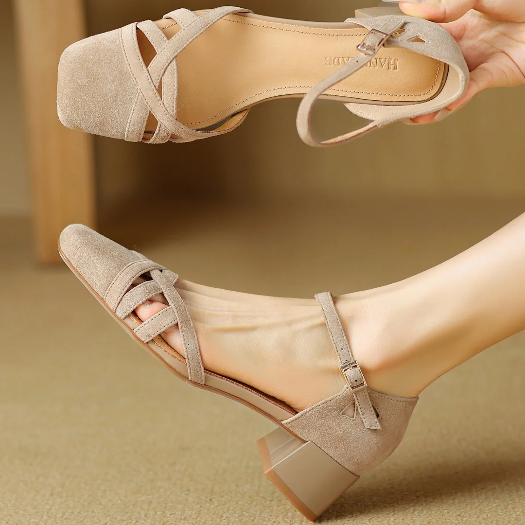 

Women's natural suede leather narrow band braided square toe ankle strap sandals 4cm thick med heel elegant ladies summer pumps